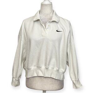 Nike Women’s L White Fleece Polo Sweatshirt Long Sleeve Pullover Crop Collared